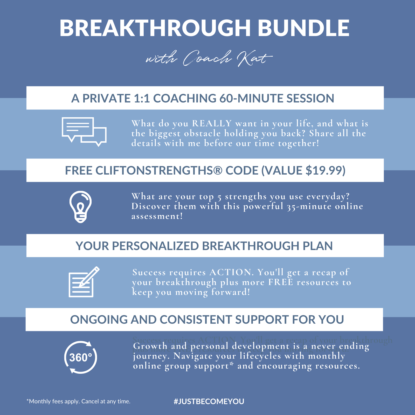 Your breakthrough includes a private 1:1 30-minute coaching session, assessment code, personalized breakthrough plan.